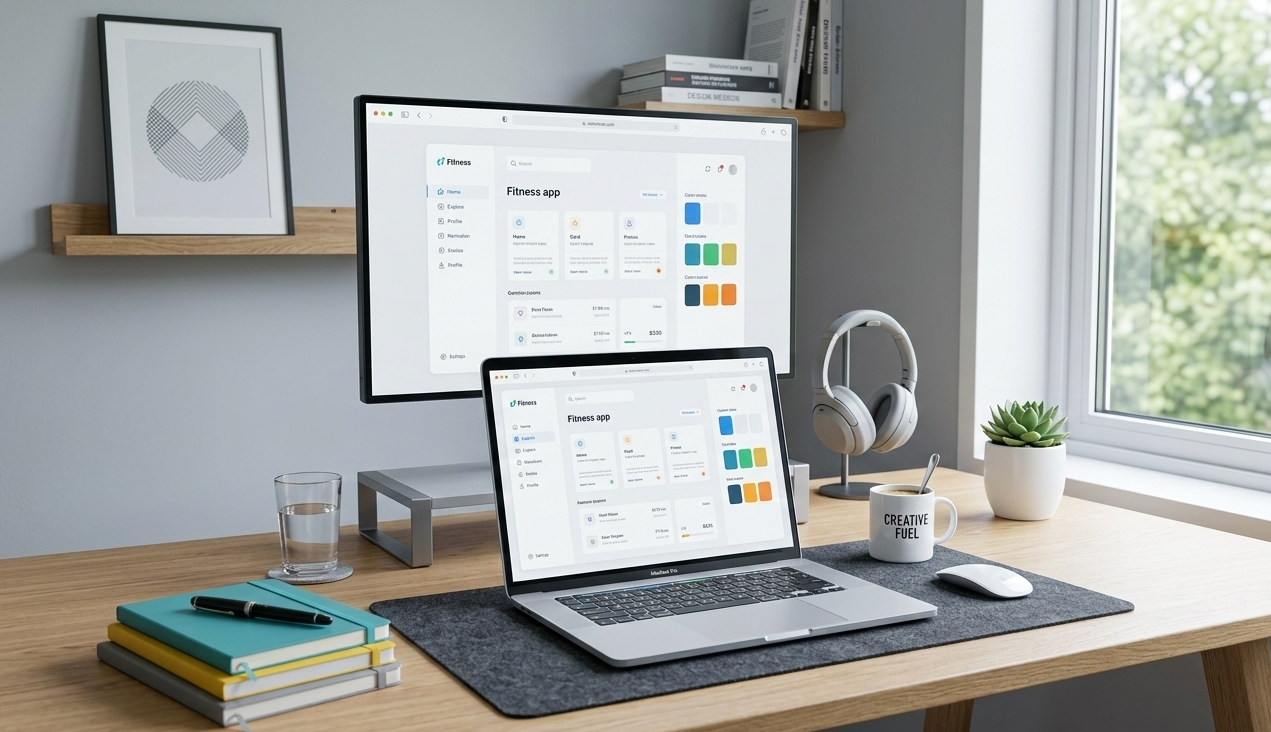 Bright workspace with website design tools open on screen
